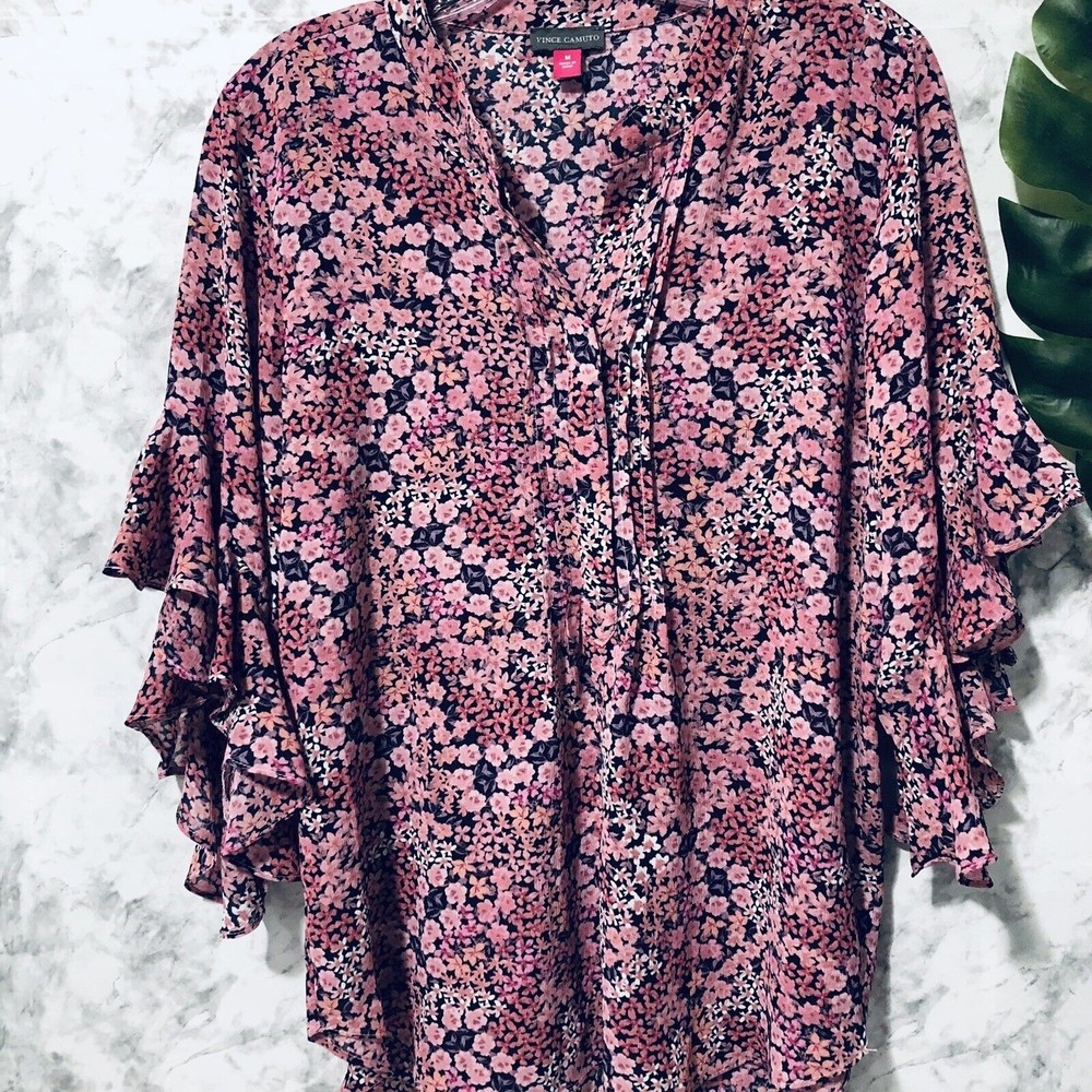 Vince Сamuto Floral Blouse Womens Size Medium Popover Sheer Ruffle Sleeves